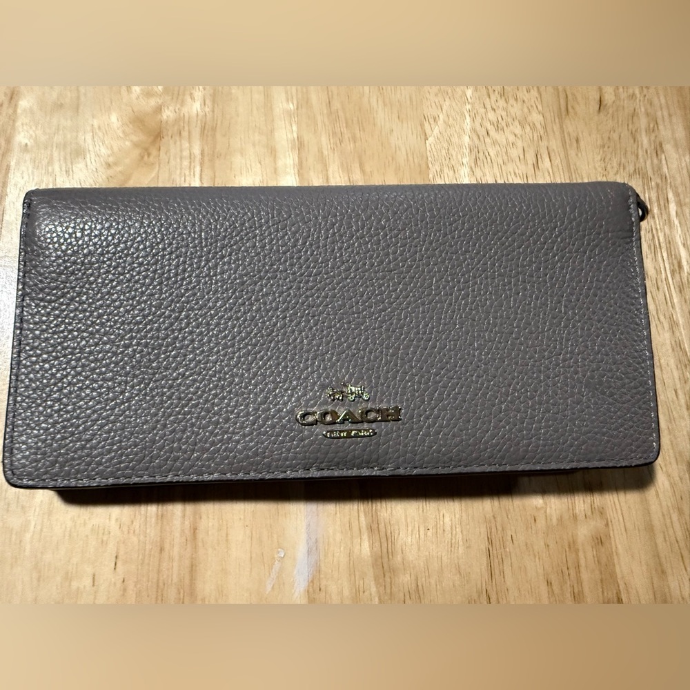 Coach Pebbled Leather Continental Wallet in Taupe with Gold Logo